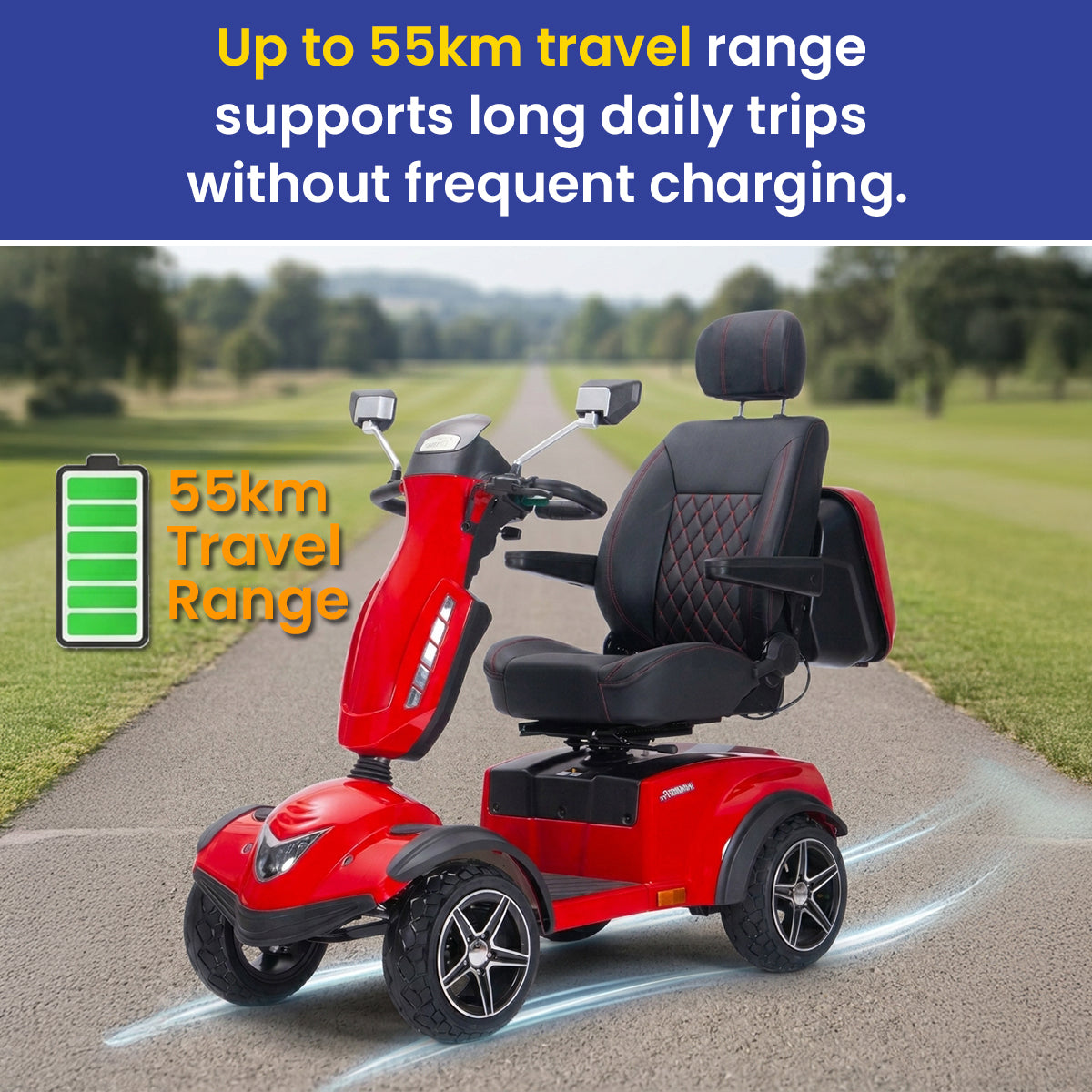 Avenger Pro mobility scooter on a road with greenery in the background, highlighting its 55 km travel range.
