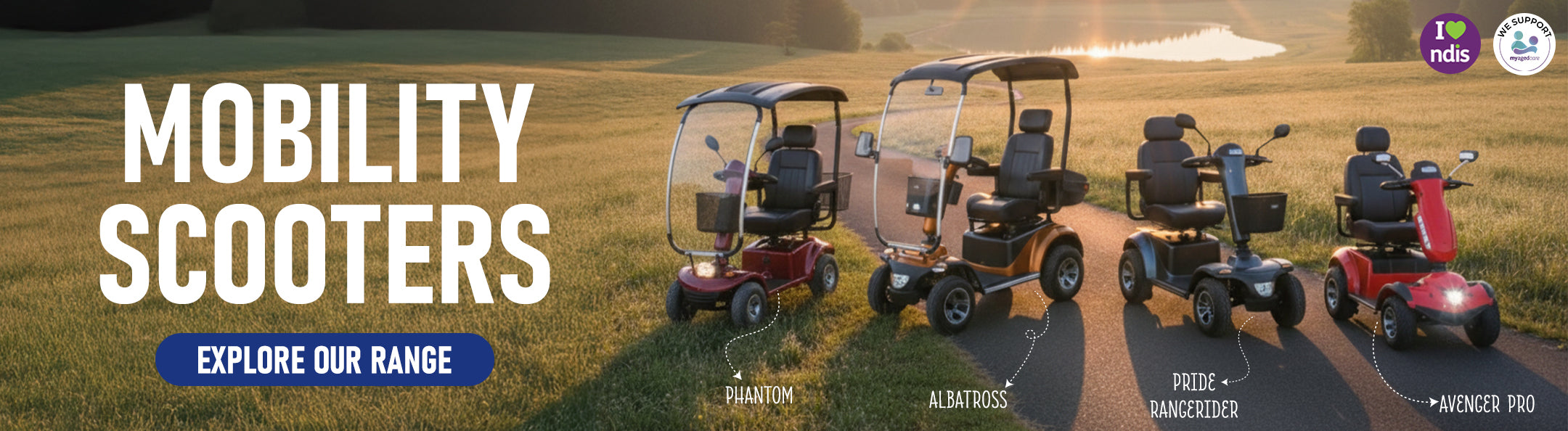 Promotional banner for mobility scooters with various models on a grassy field background in a Goldcoast