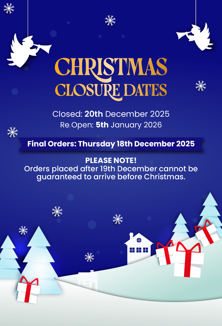 Christmas closure dates announcement with festive elements on a blue background