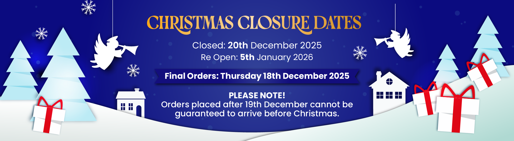 Christmas closure dates announcement with festive elements on a blue background