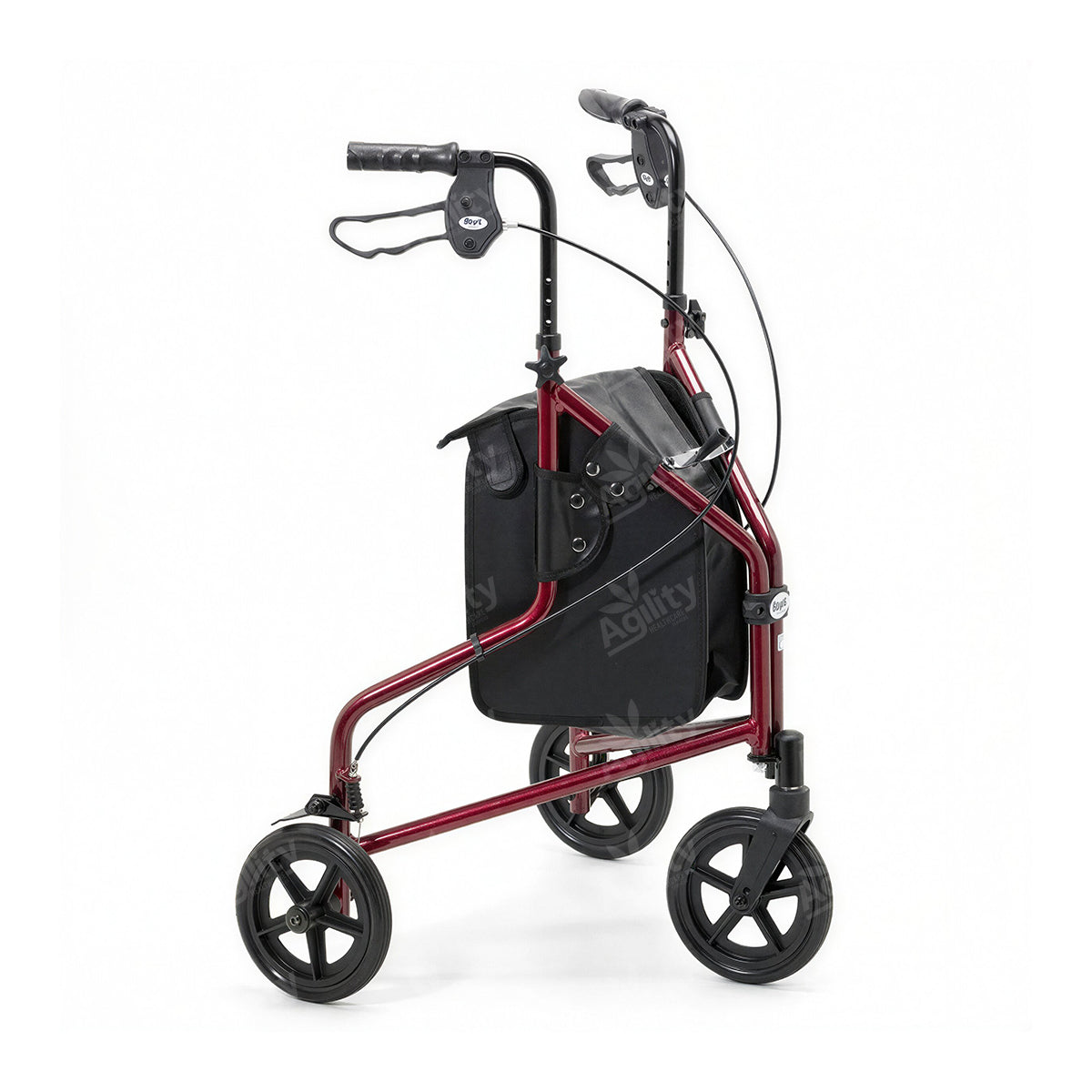 Red and black mobility scooter with a bag on a white background