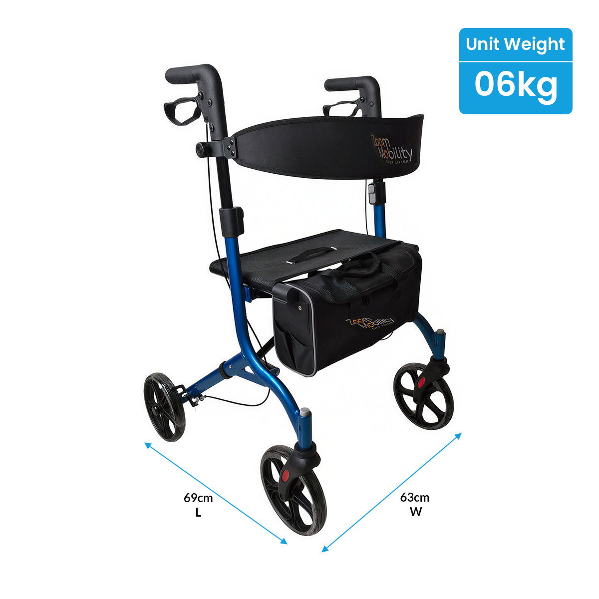 Blue and black walker with dimensions and weight information on a white background