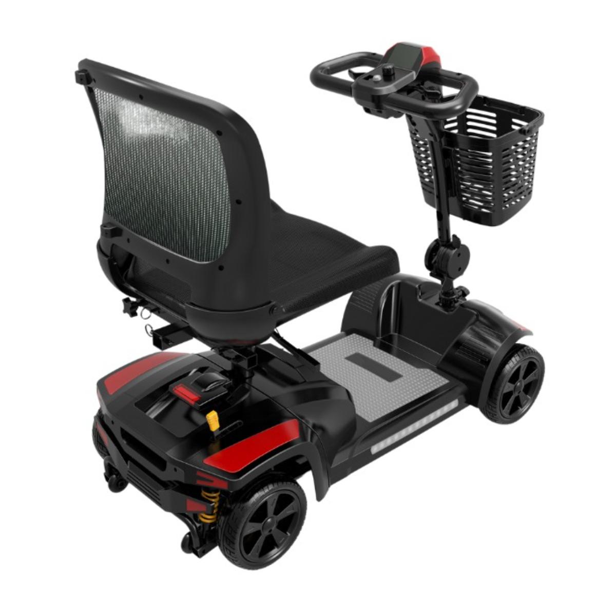 Black and red mobility scooter with a basket on a white background