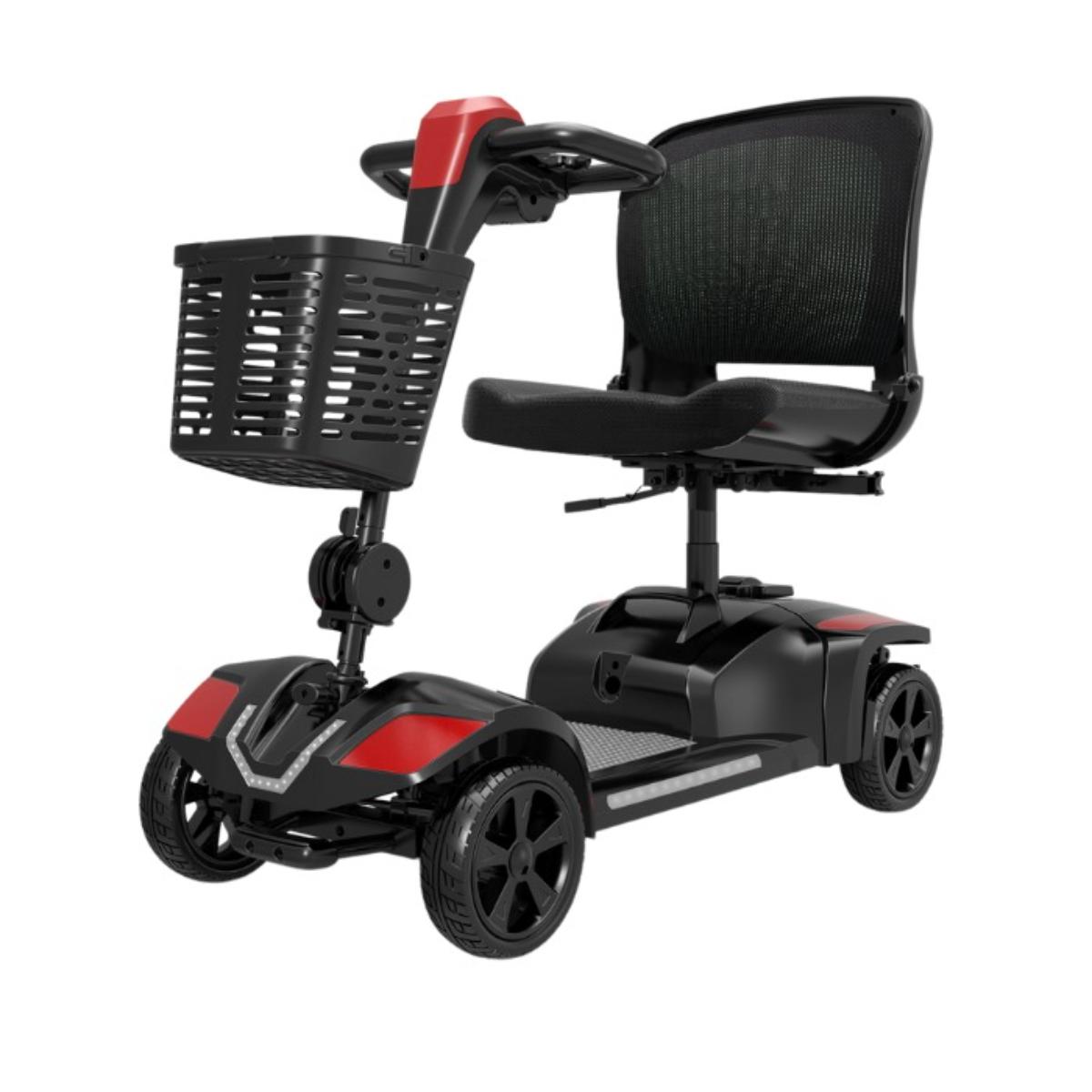 Black mobility scooter with a basket on a white background