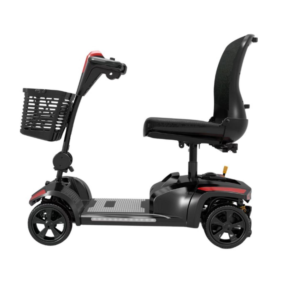 Black mobility scooter with a seat and basket on a white background