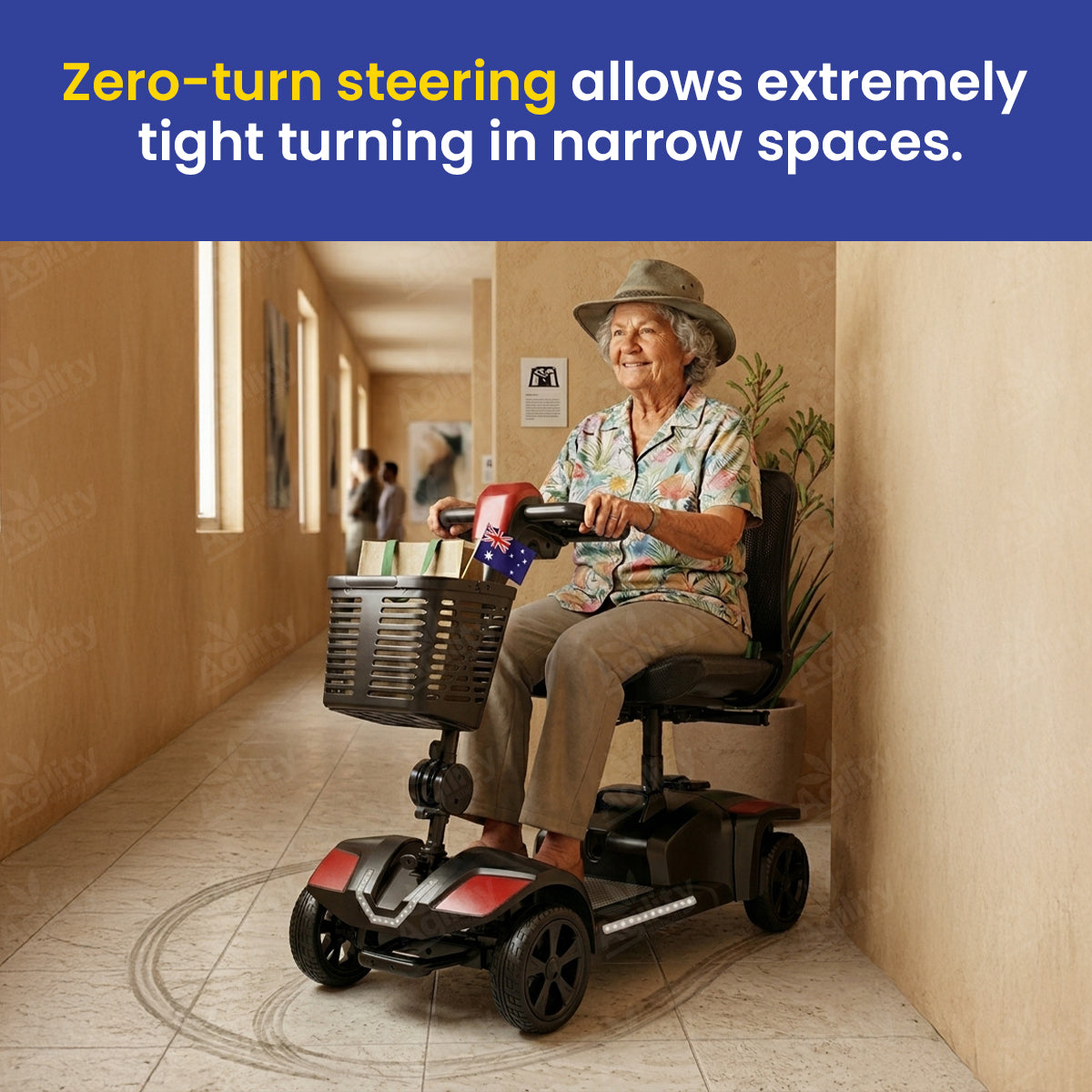 A woman is using a Bandit Z Zero-Turn Mobility Scooter with zero-turn steering in a narrow hallway.