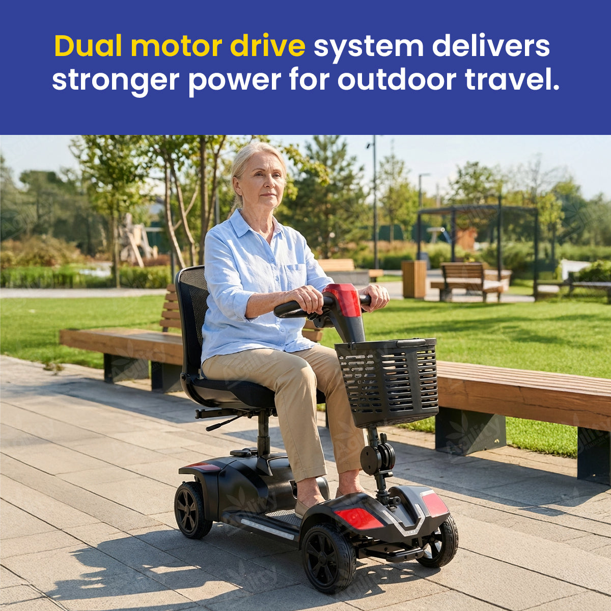 A woman is using a Bandit Z Zero-Turn Mobility Scooter in a park with text about a dual motor drive system.
