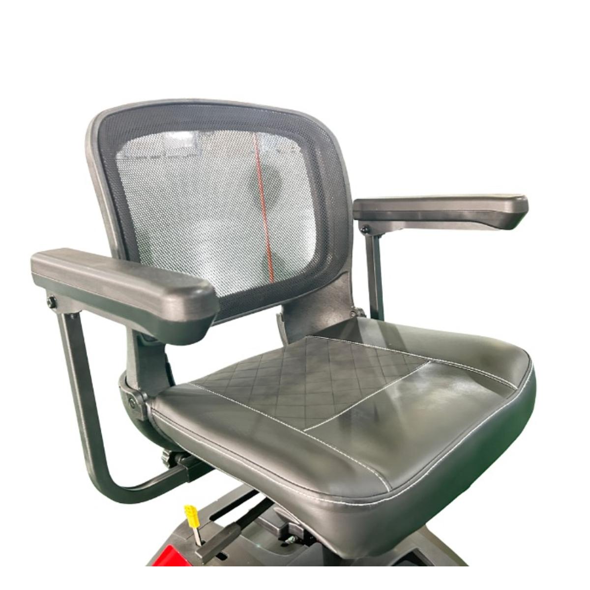 Gray Mobility Scooter chair with mesh backrest and armrests on a white background