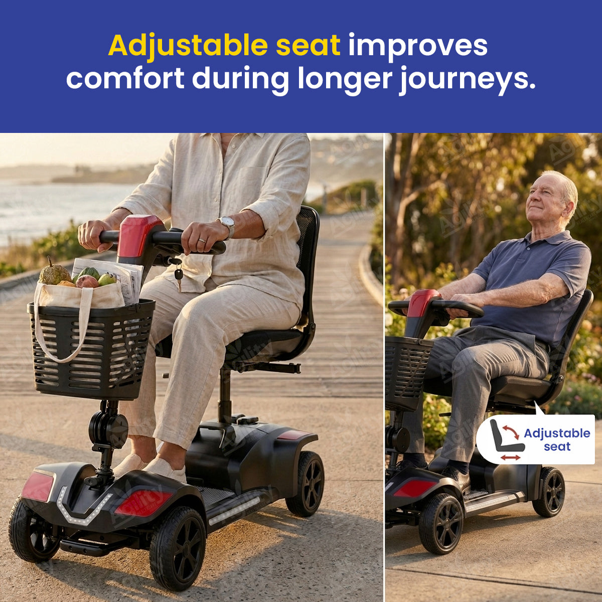 Two people are using Bandit Z Zero-Turn Mobility Scooters with adjustable seats, one by a beach and one in a park.