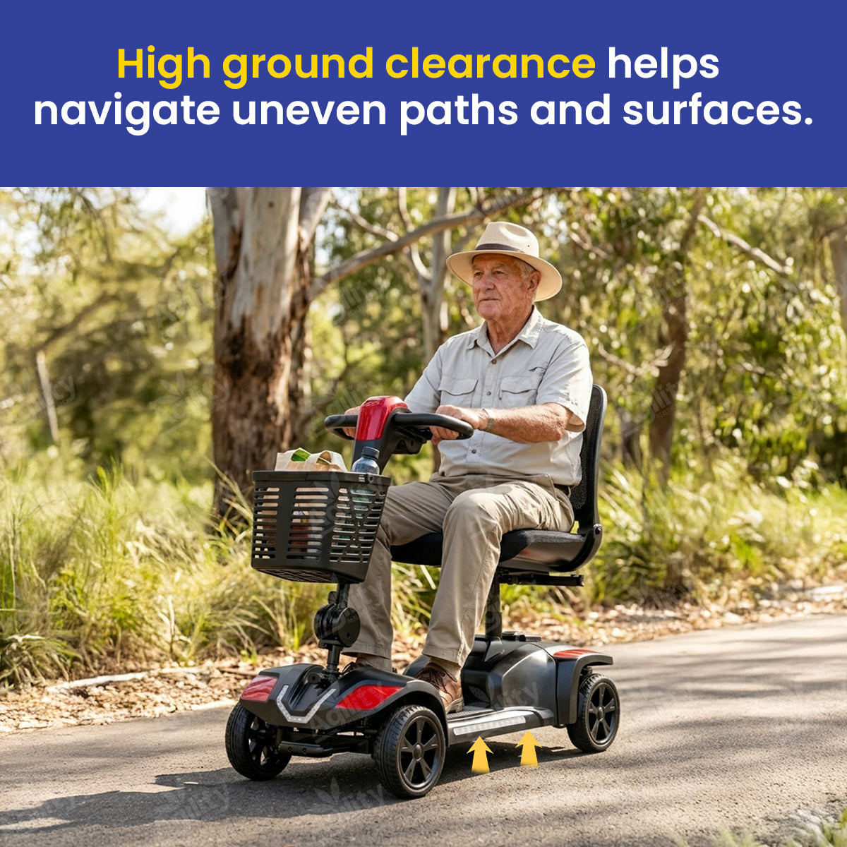 A man is using a Bandit Z Zero-Turn Mobility Scooter on a road with trees in the background
