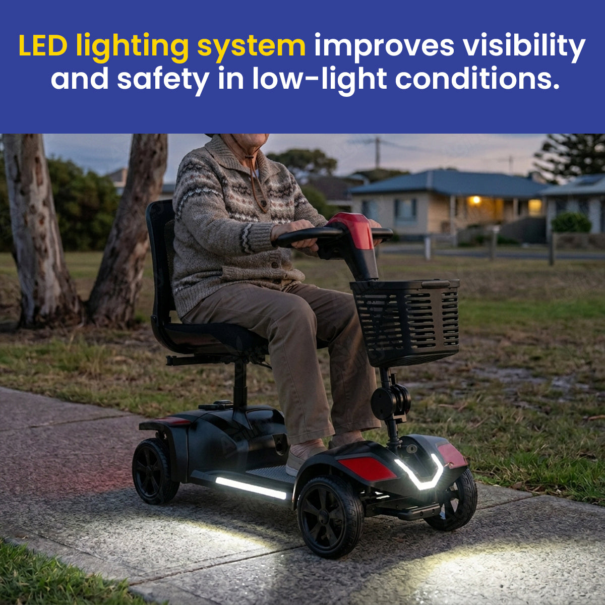 A person is using a Bandit Z Zero-Turn Mobility Scooter with an LED lighting system in a residential area.