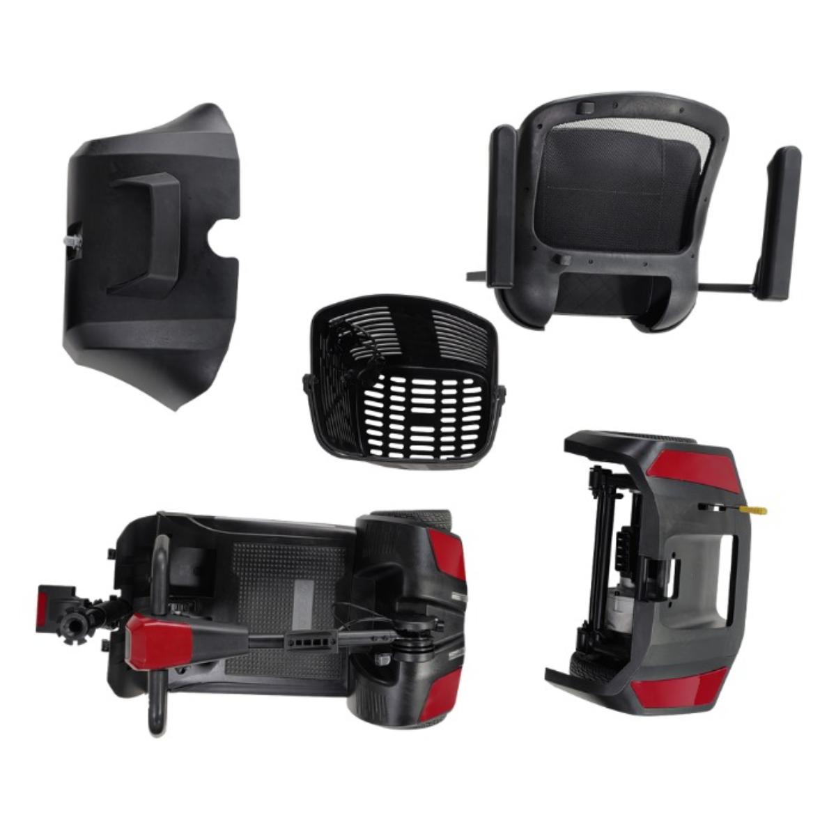 Set of black and red car seat components on a white background