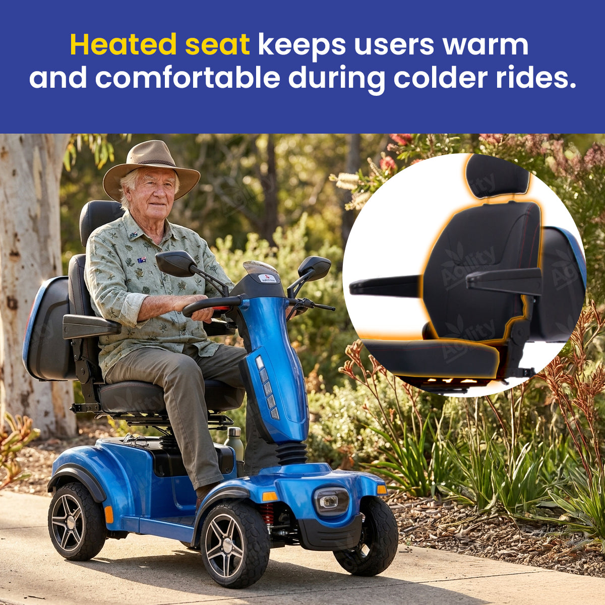 Man using a blazer mobility scooter with a heated seat feature, surrounded by nature.