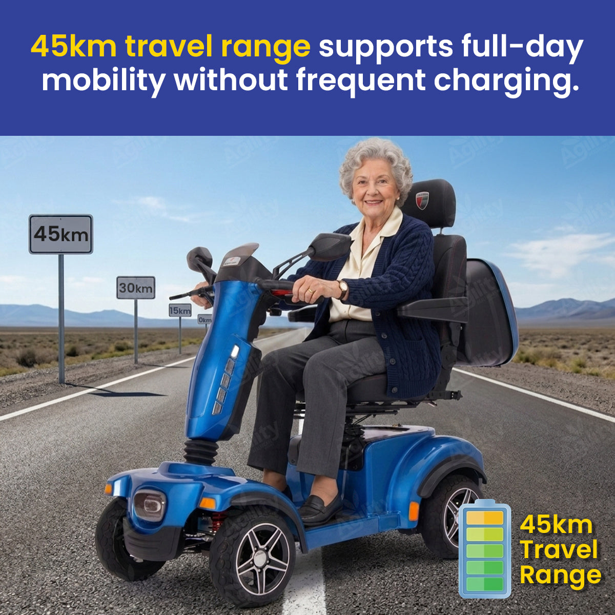 A woman using a blazer mobility scooter on a road with text about travel range and charging.