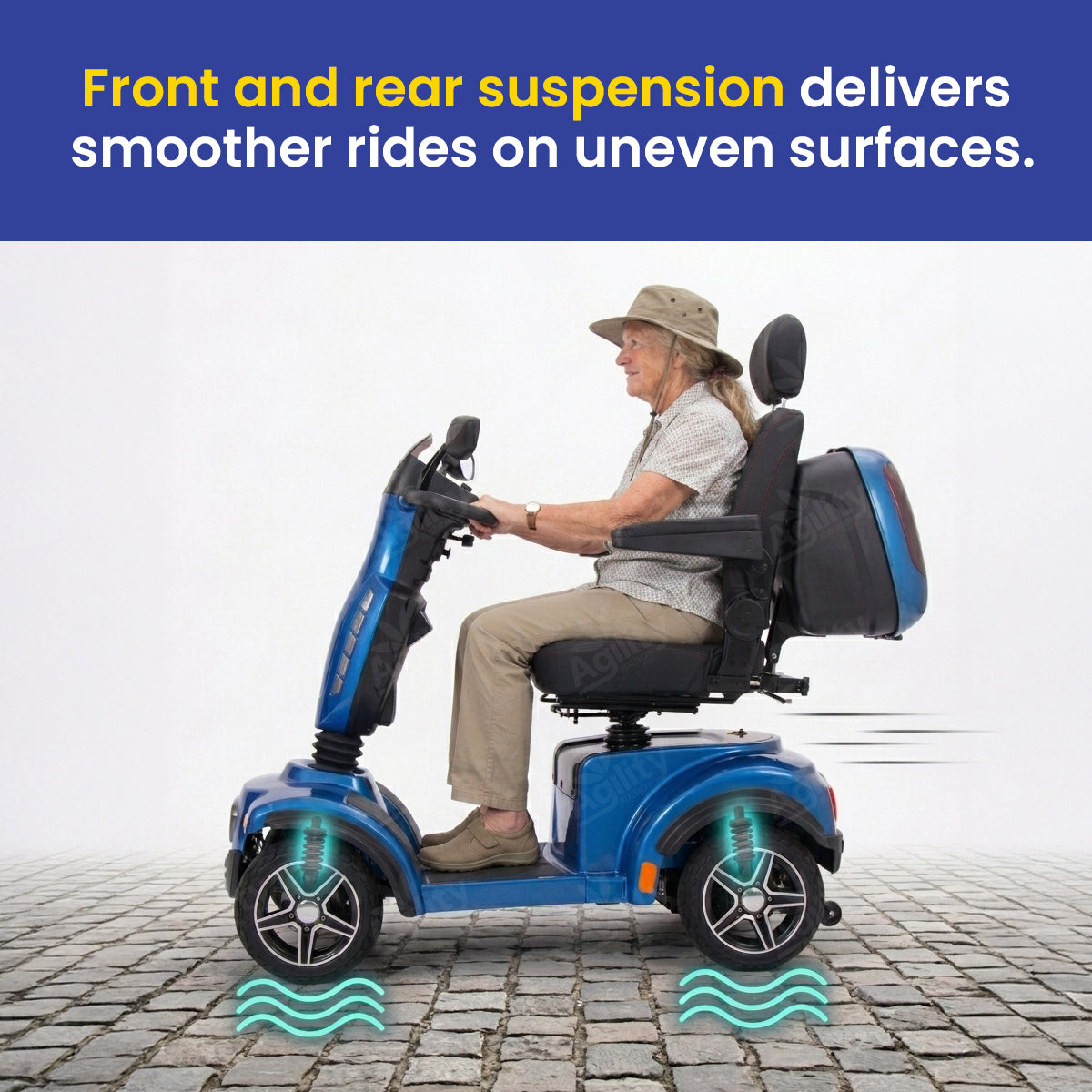 A man using a blazer mobility scooter on a cobblestone street with text about the suspension system.