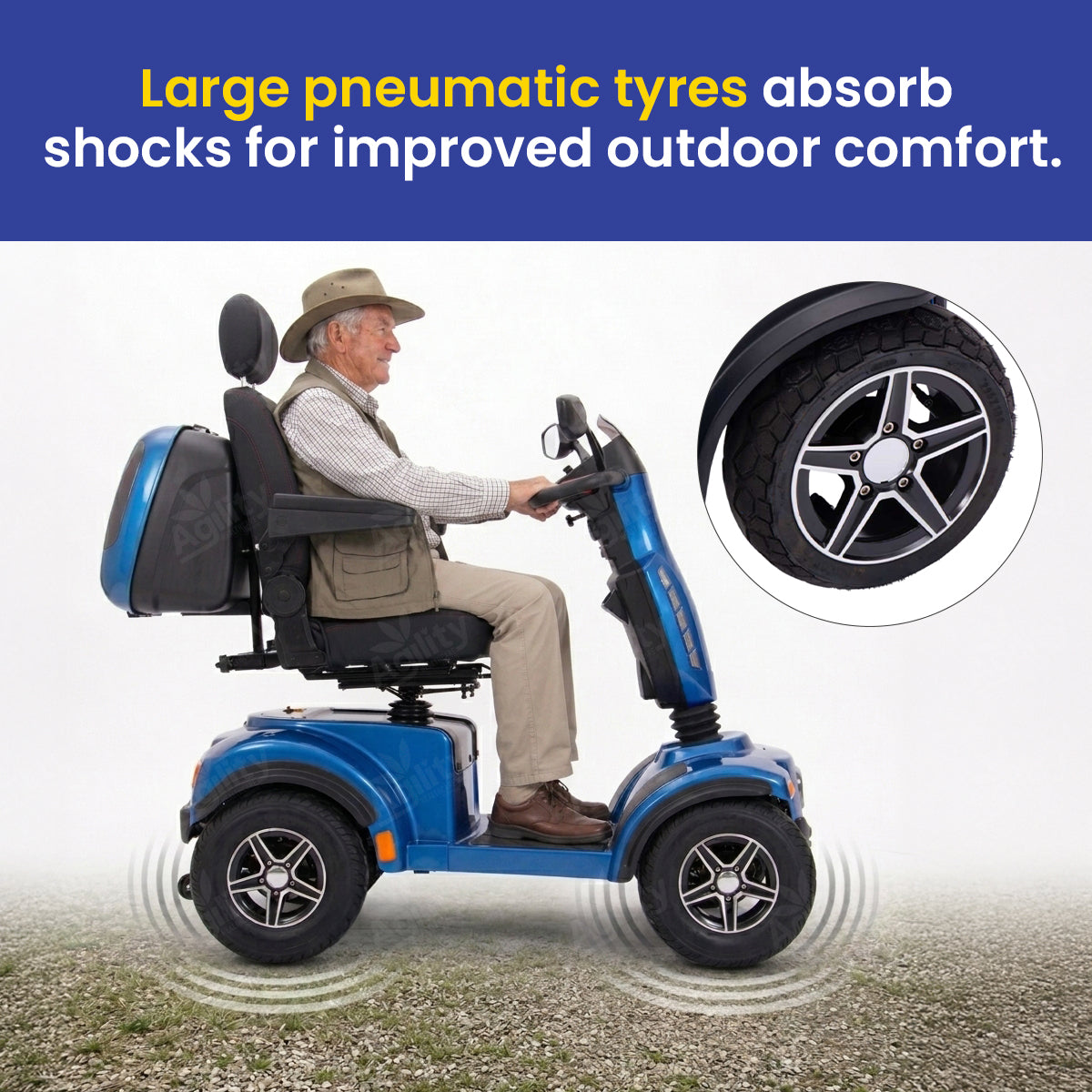 blazer mobility scooter with large pneumatic tyres, a man sitting on it, and close-up of the tyre.