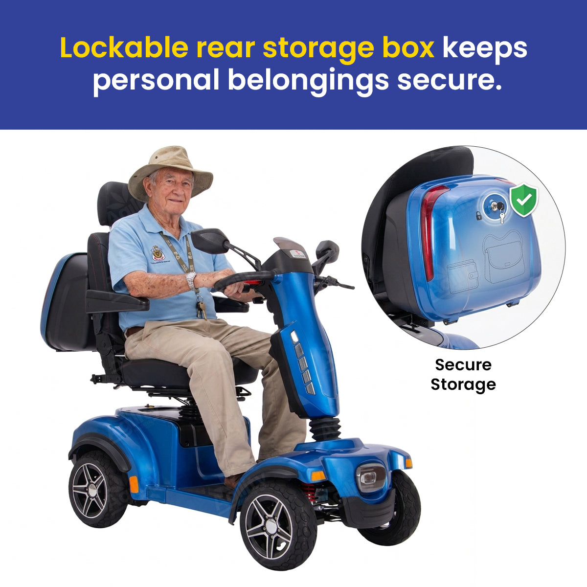 blazer mobility scooter with lockable rear storage box, featuring a man sitting on it.