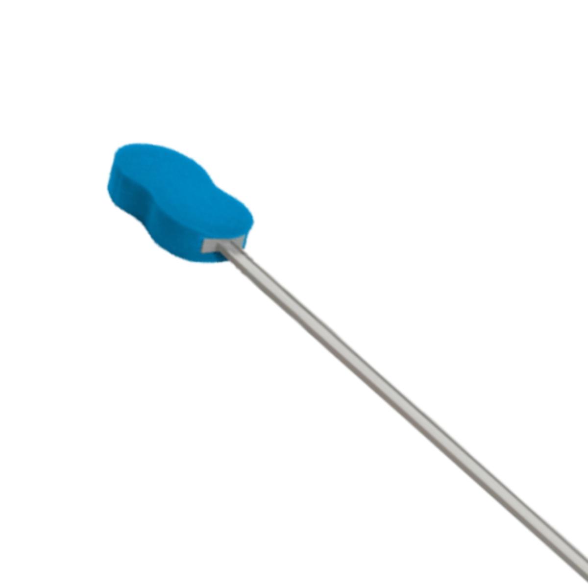 Blue handle on a metal rod against a white background