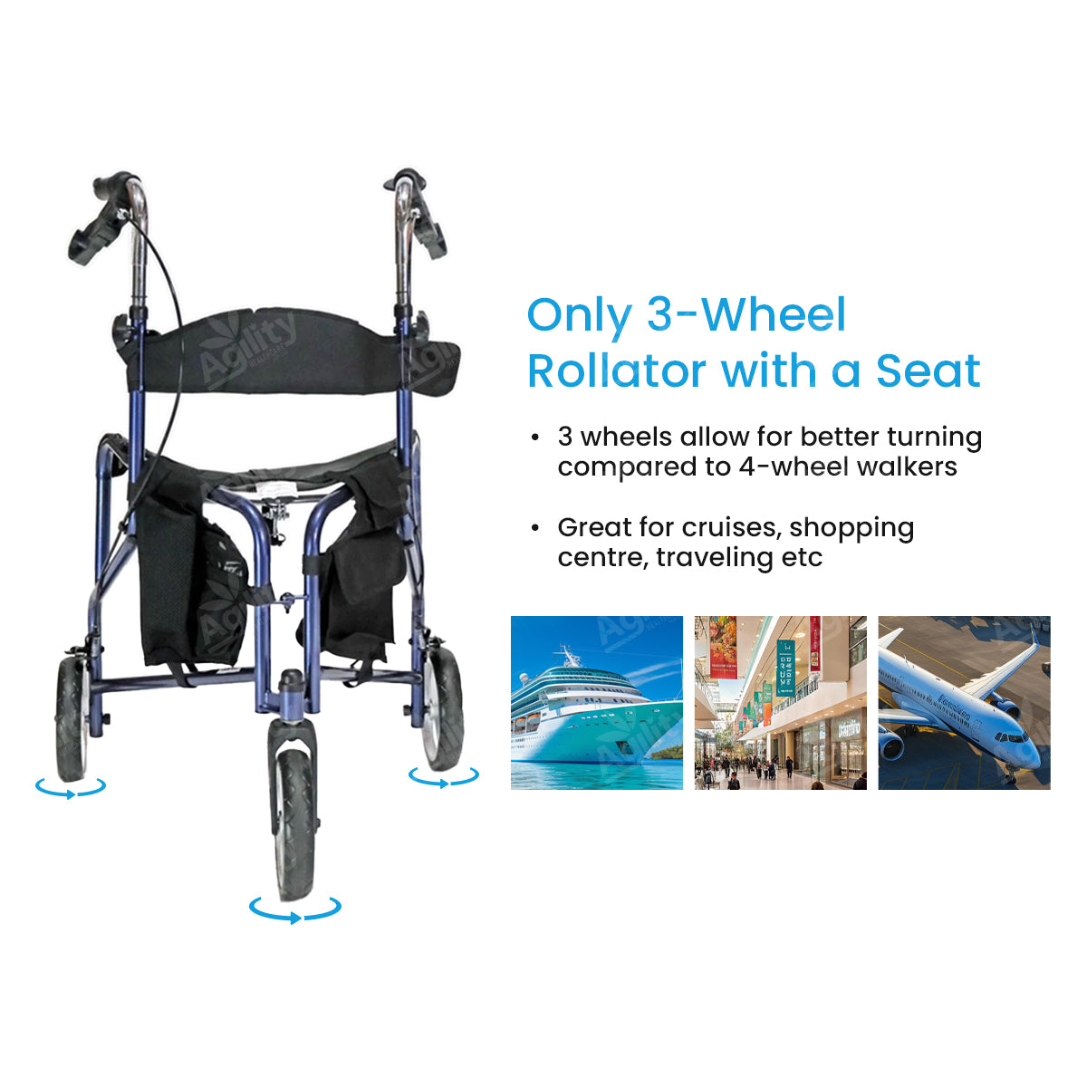 3-wheel rollator with a seat on a white background