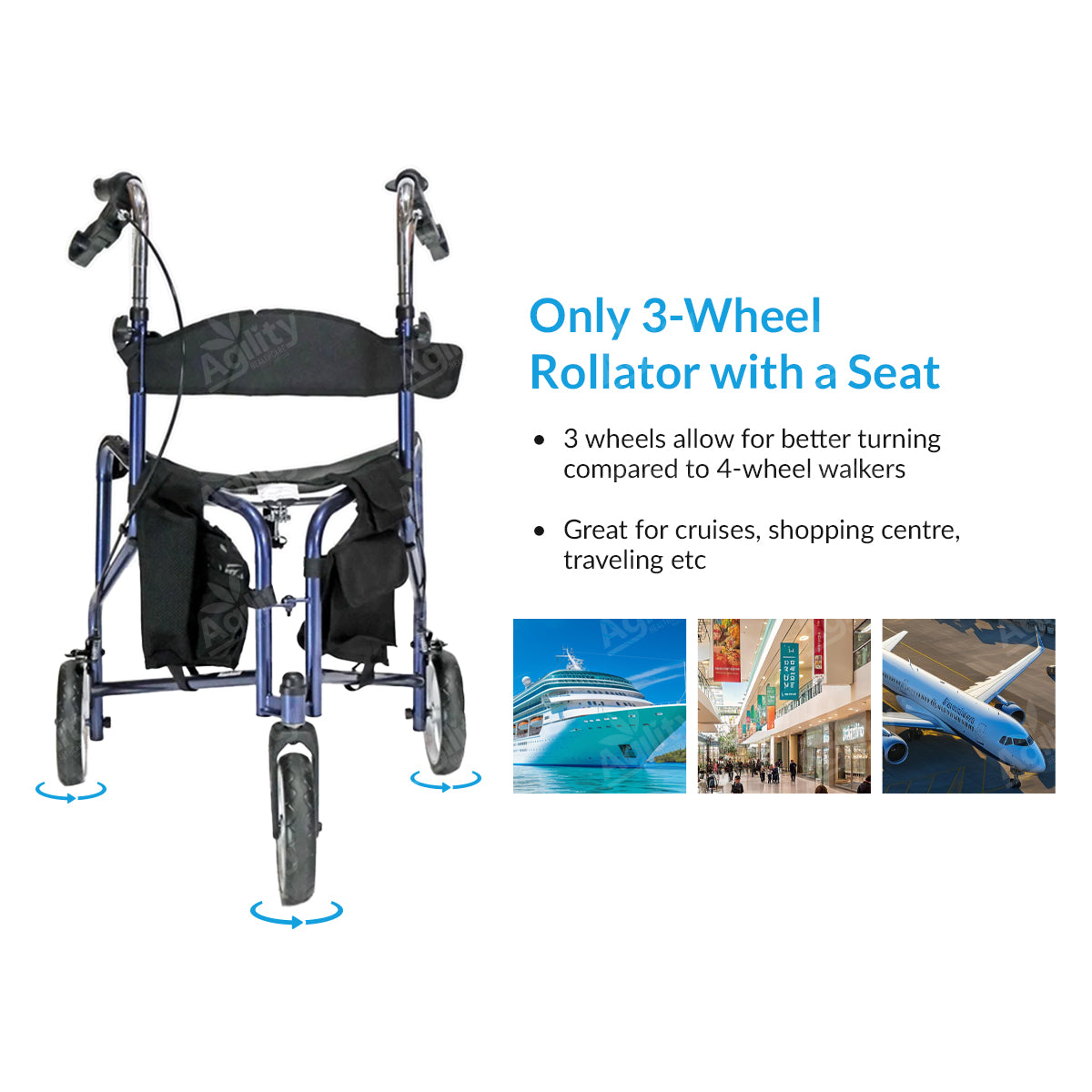 Triad 3-Wheel Rollator with Seat – Lightweight Folding Mobility Walker