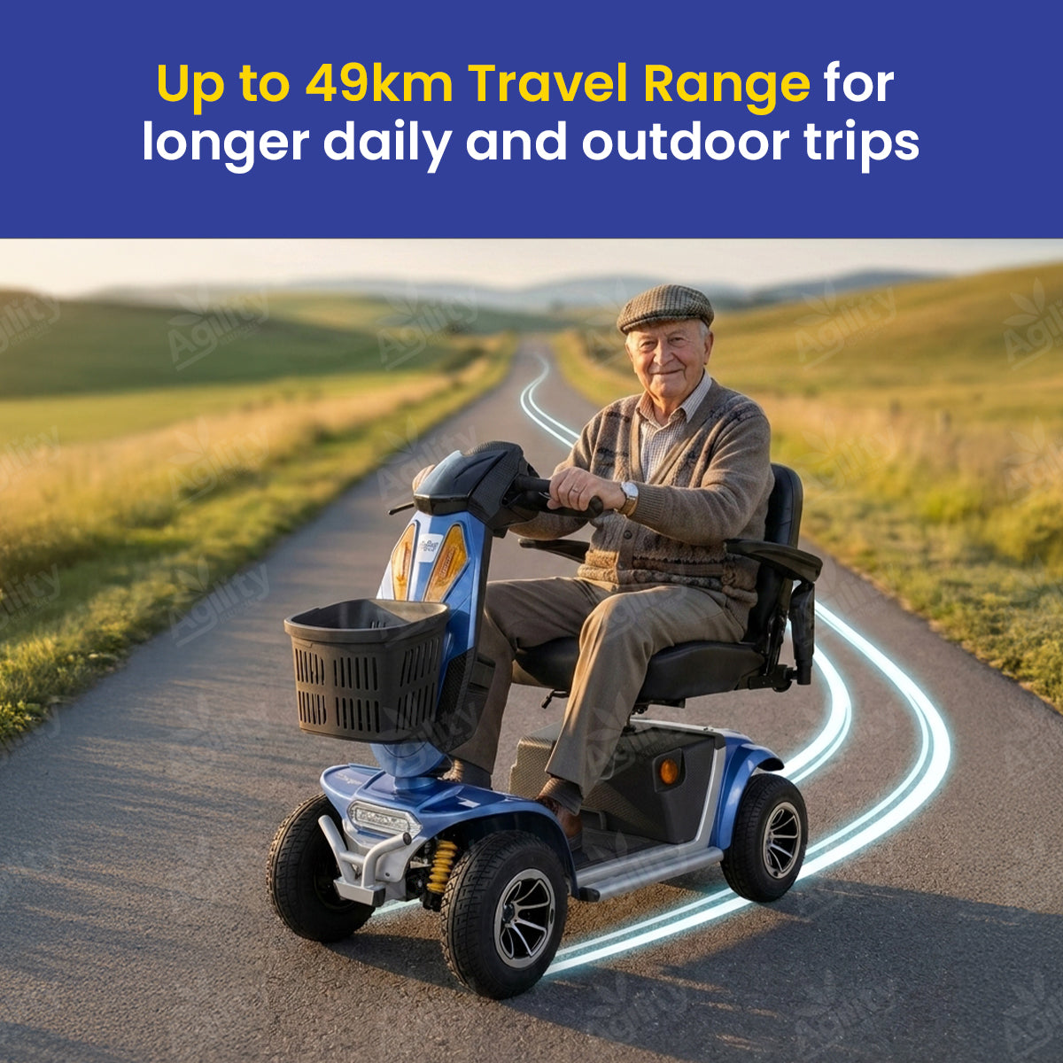 Man riding a charger mobility scooter on a road with scenic background