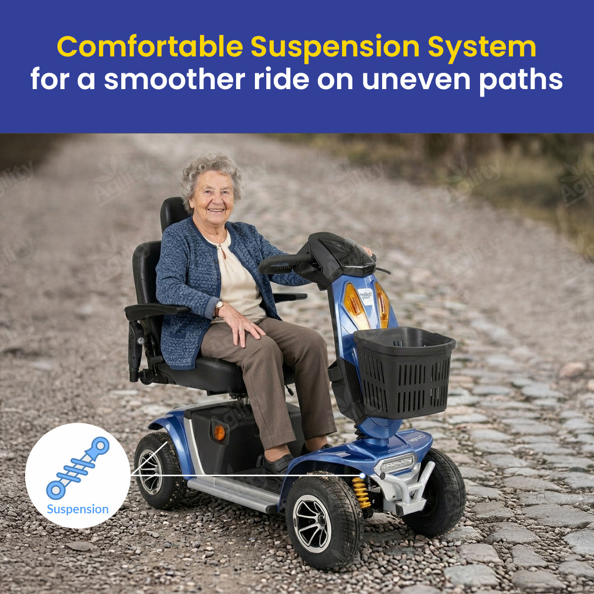 Woman using a charger mobility scooter with comfortable suspension system on an uneven path