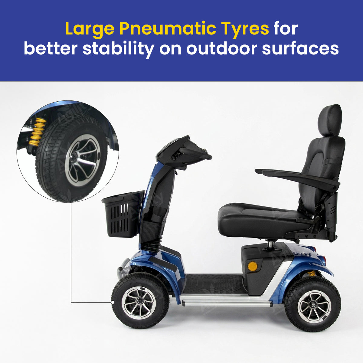 Blue and black charger mobility scooter with large pneumatic tyres on a white background