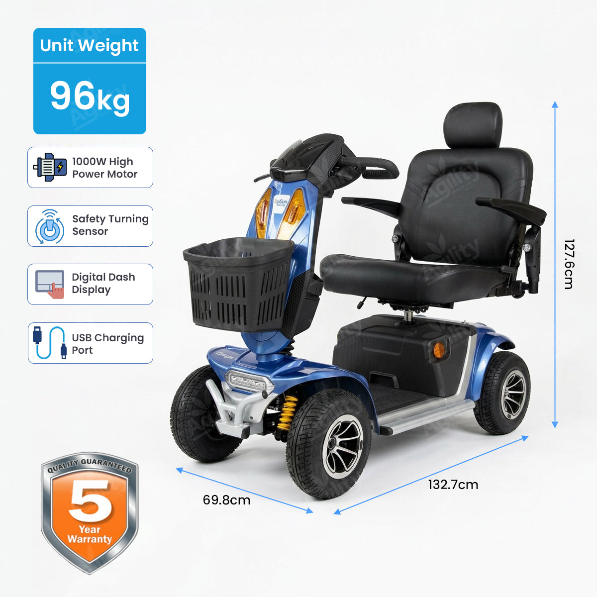 charger Mobility scooter with specifications on a white background