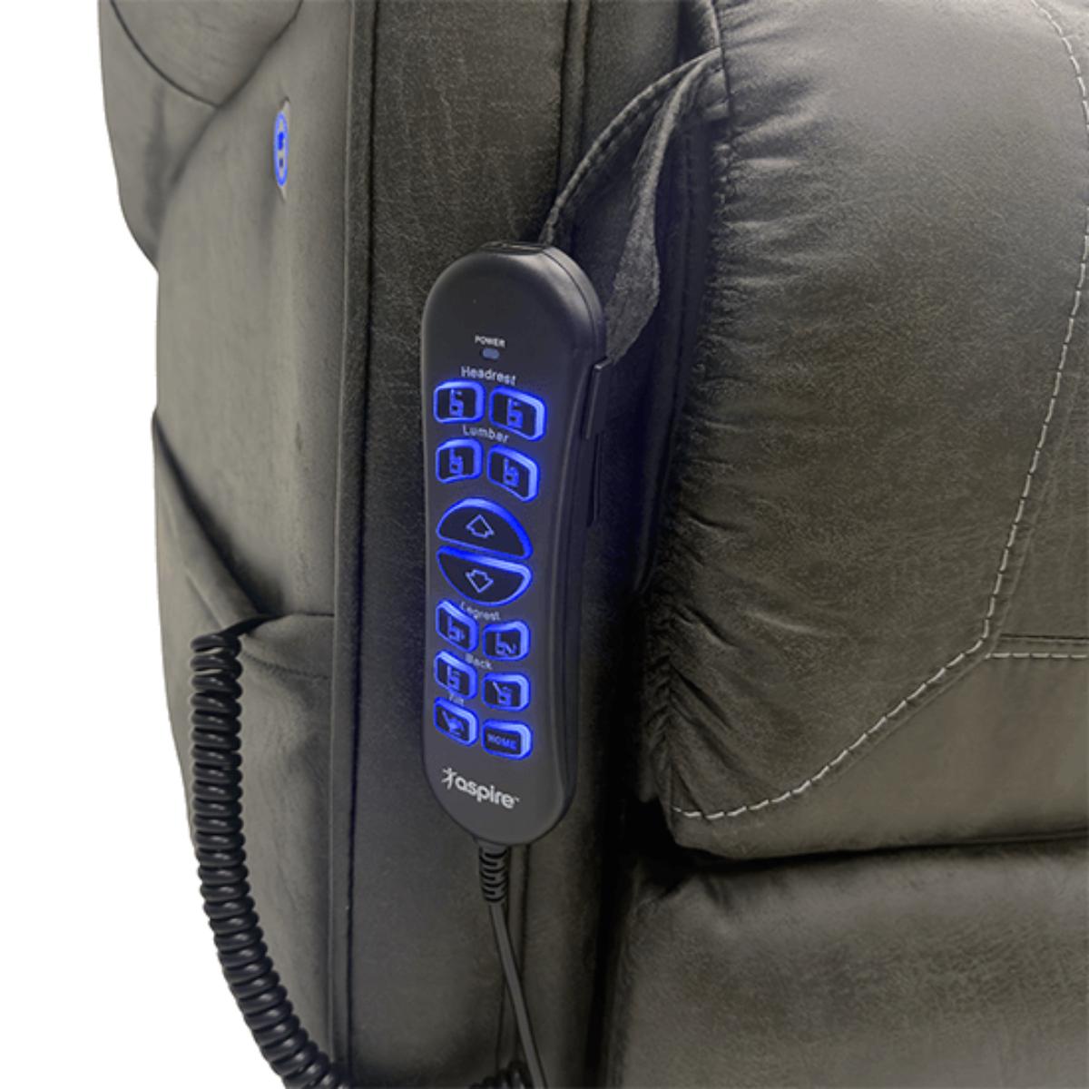 Aspire Gabriel X5 Lift Recline Chair Heating pad attached to a gray backpack with blue LED display