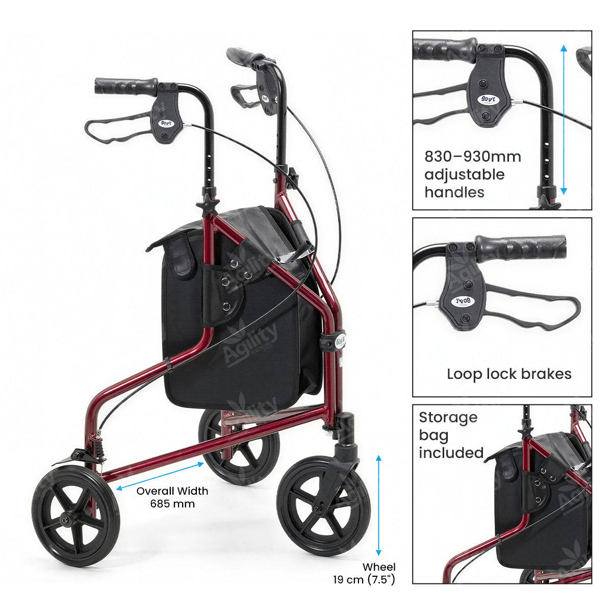Red and black walker with features highlighted on a white background