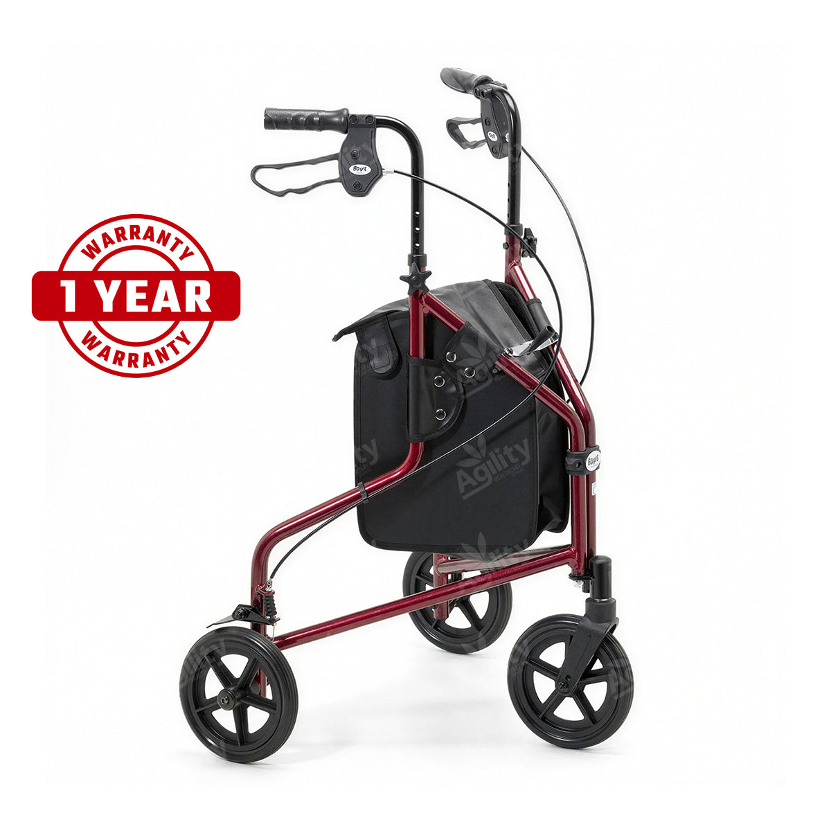Red and black rollator with a 1-year warranty badge on a white background