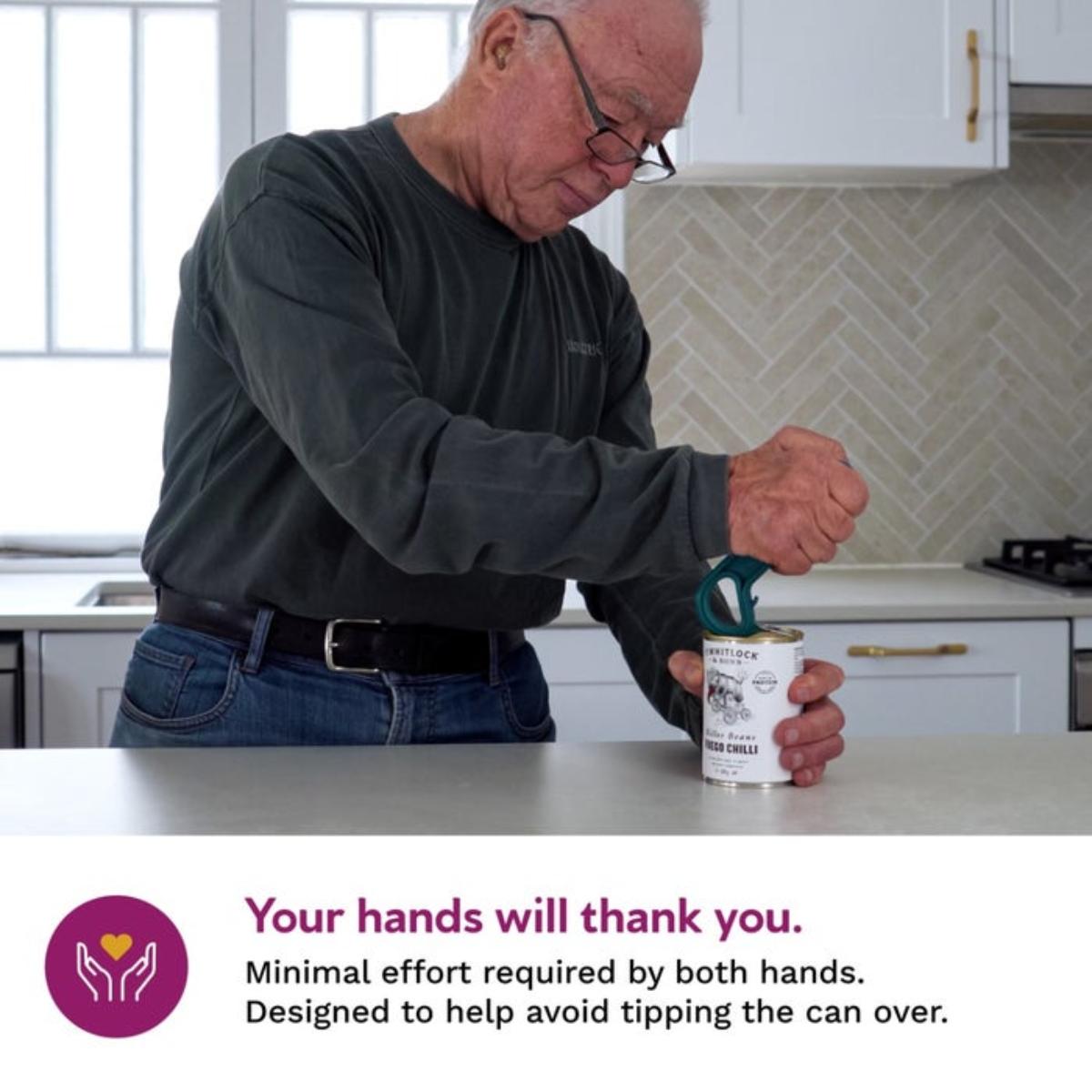 Man using a can opener in a kitchen with text about minimal effort required by both hands.