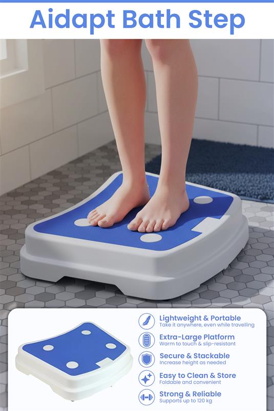 Aidapt Bath Step being used by a person in a bathroom setting with product features displayed.