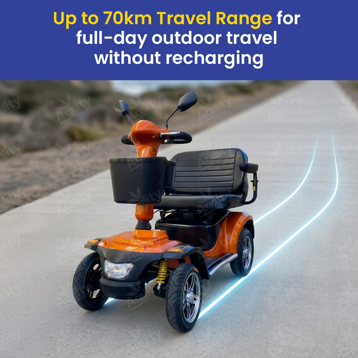Emperor mobility scooter on a road with text about travel range