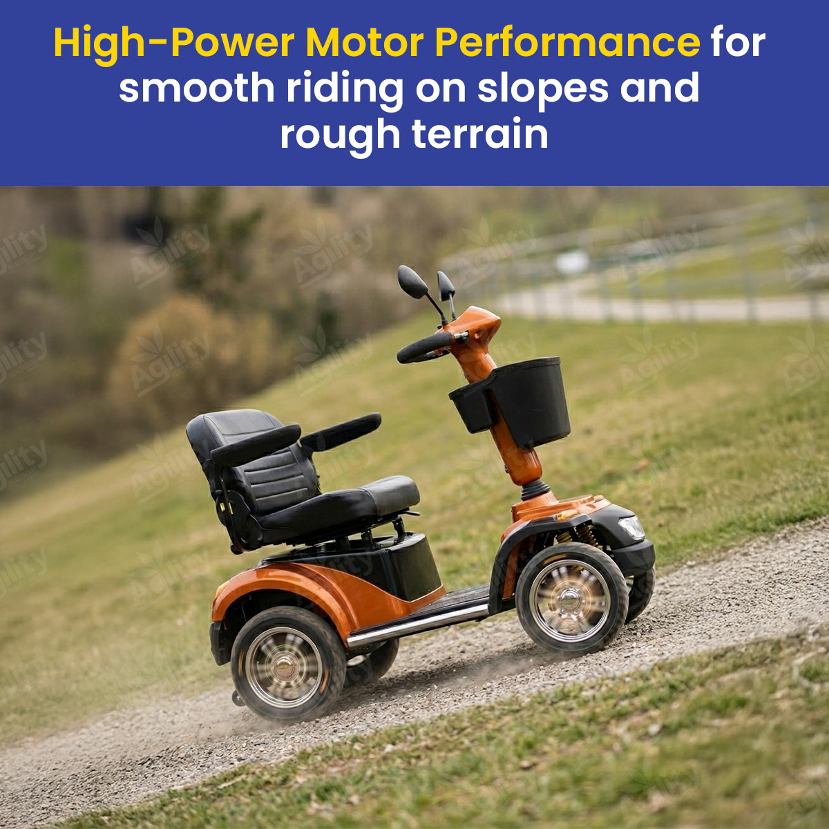Emperor mobility scooter on a dirt path with text about high-power motor performance.