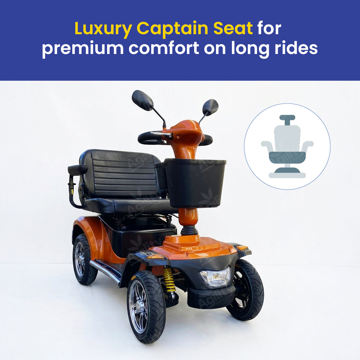 Emperor mobility scooter with a highlighted captain seat on a white background