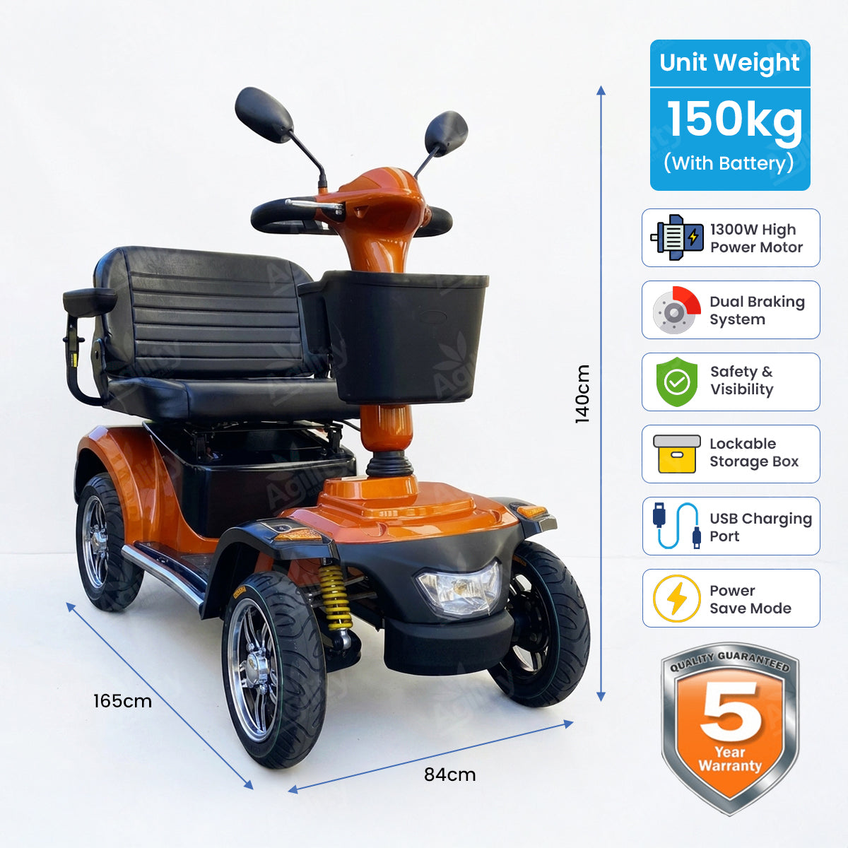 Emperor mobility scooter with specifications on a white background