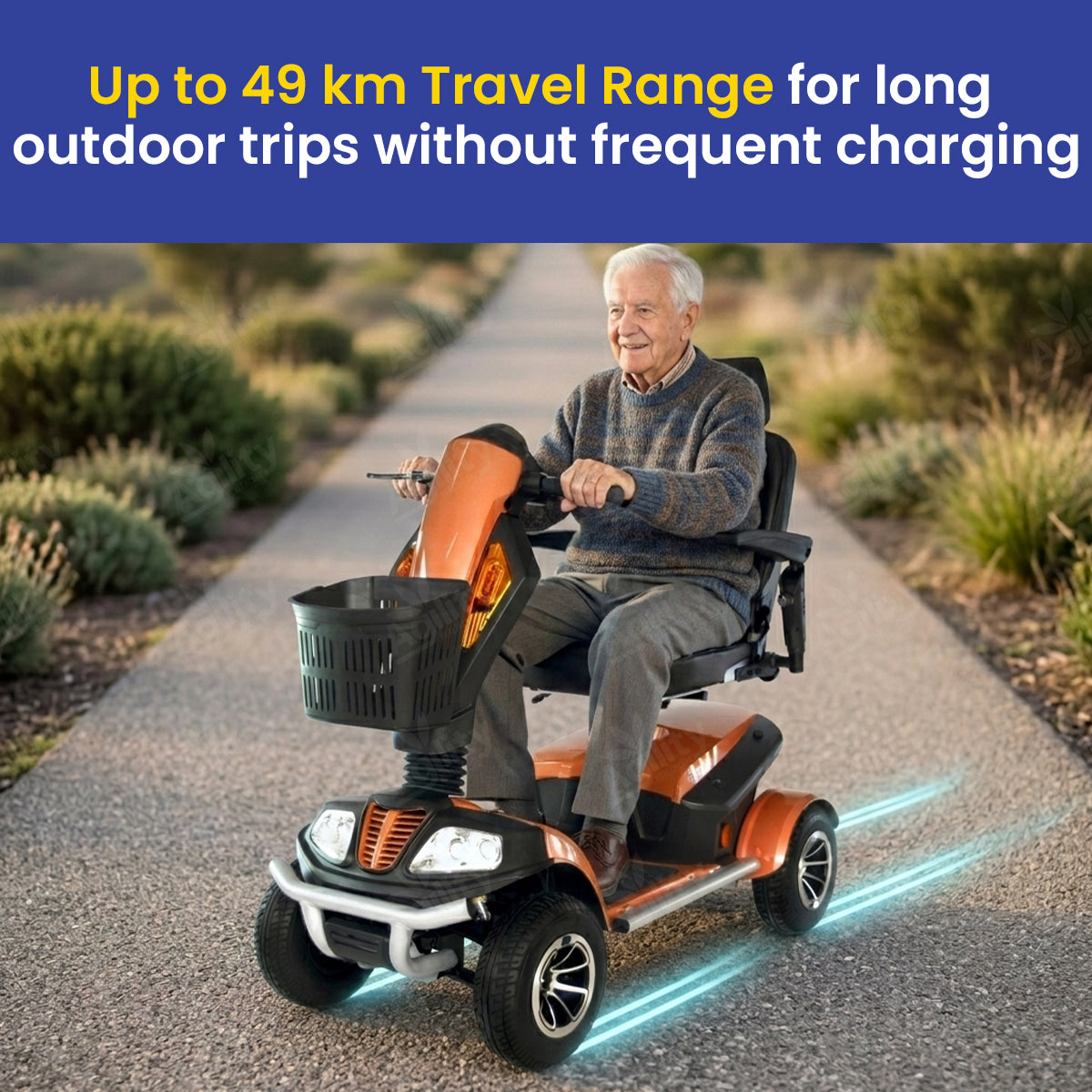 Man using a Everest  mobility scooter with text about travel range on a scenic path.