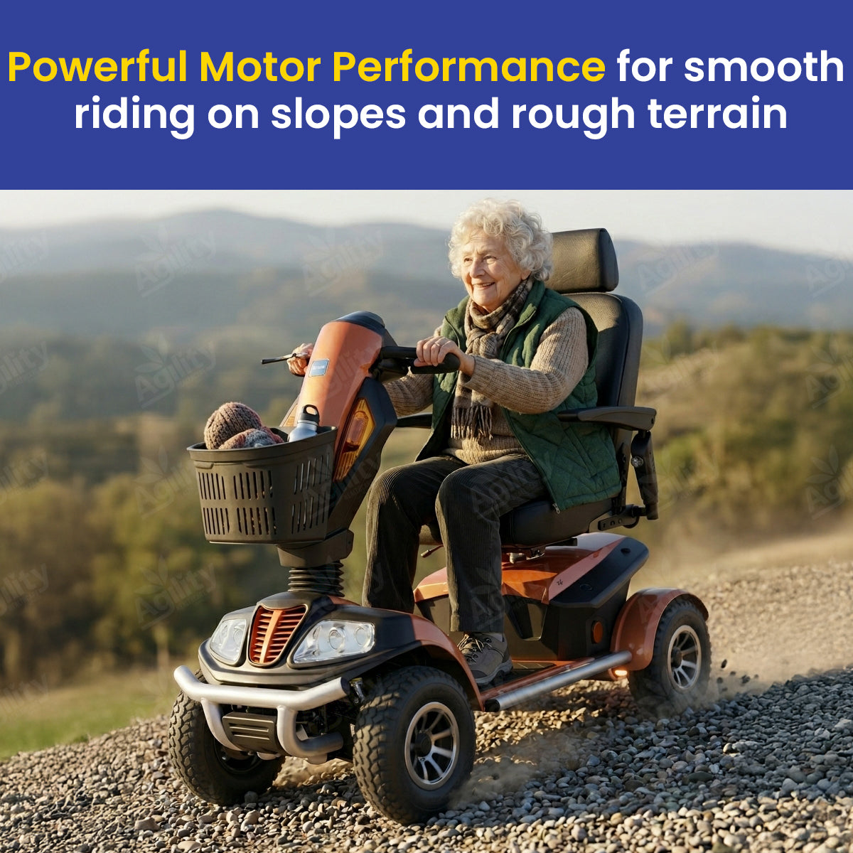 Woman riding a Everest mobility scooter on a scenic path with text about powerful motor performance.