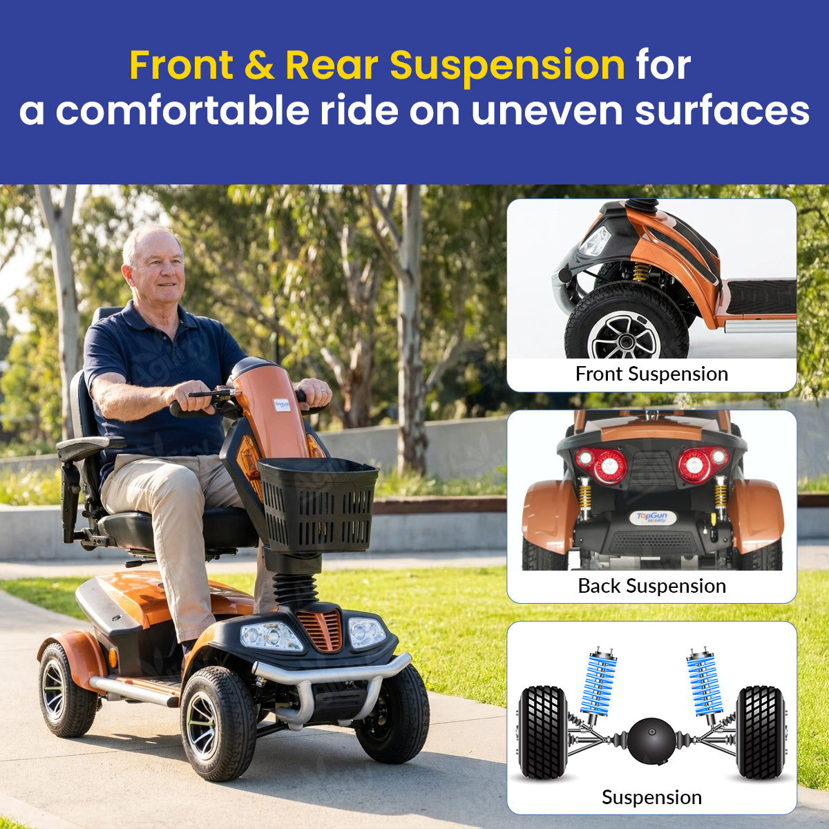 Man riding a Everest mobility scooter with front and rear suspension features highlighted.
