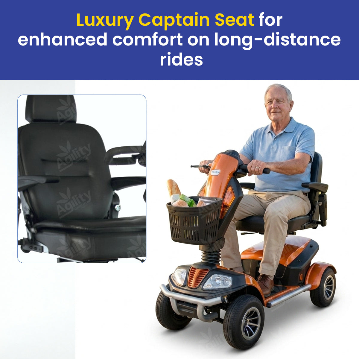 Man using an Everest mobility scooter with a luxury captain seat texts about comfort on long-distance rides.