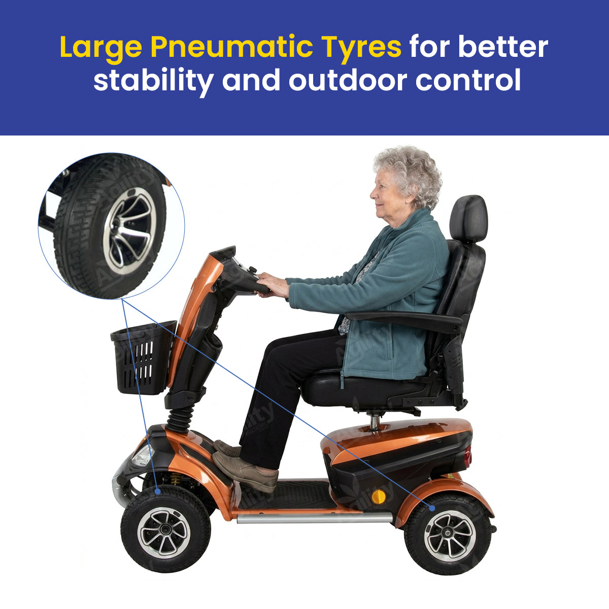 A person using an Everest mobility scooter with large pneumatic tyres highlighted on a white background.