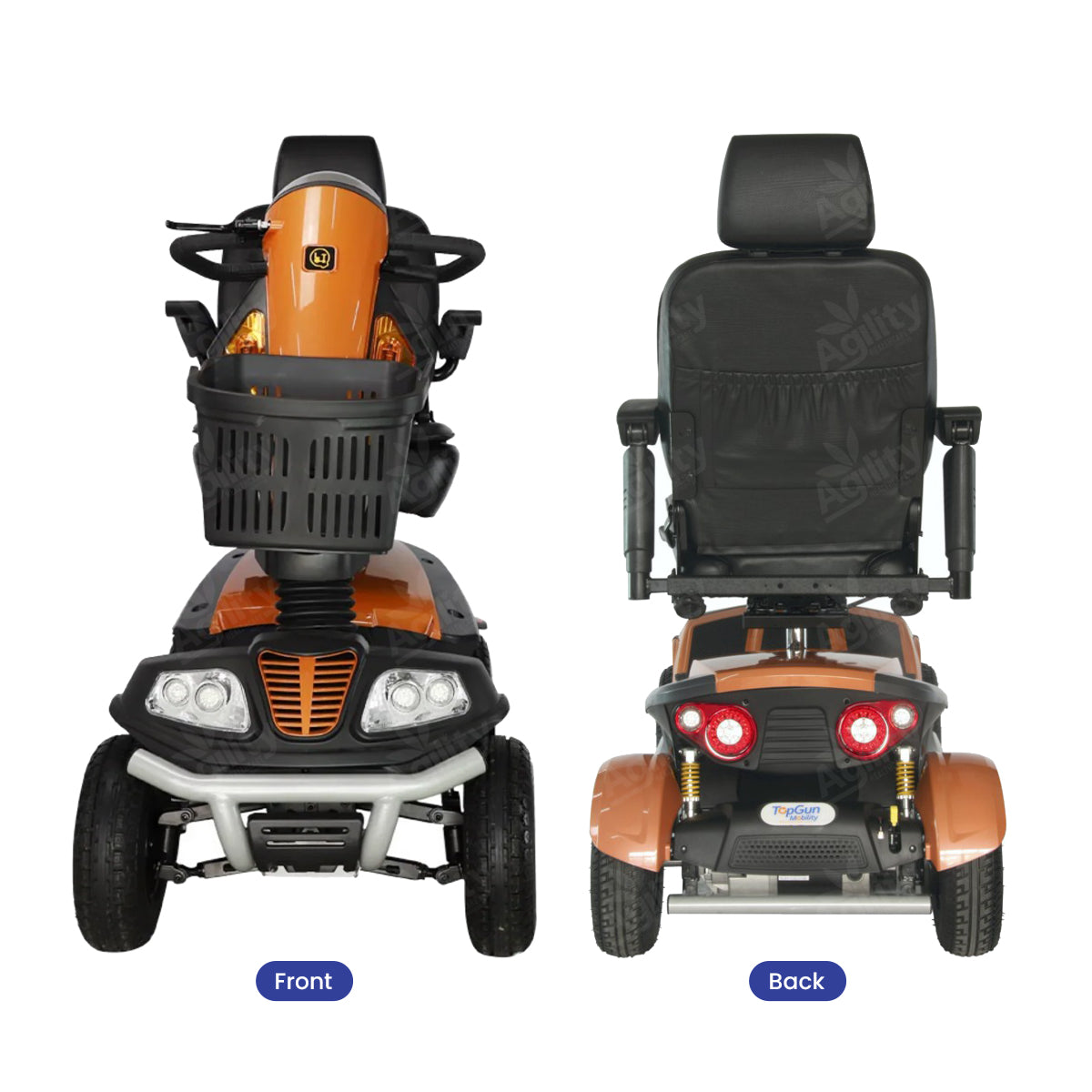Front and back views of a Everest mobility scooter on a white background