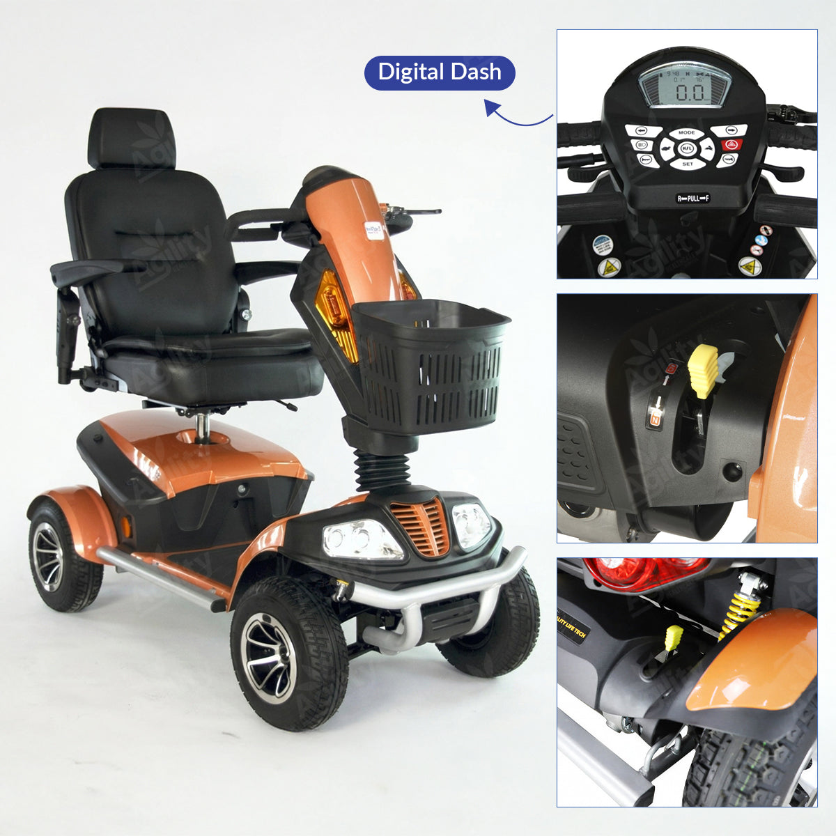 Orange and black Everest mobility scooter with digital dash display on a white background