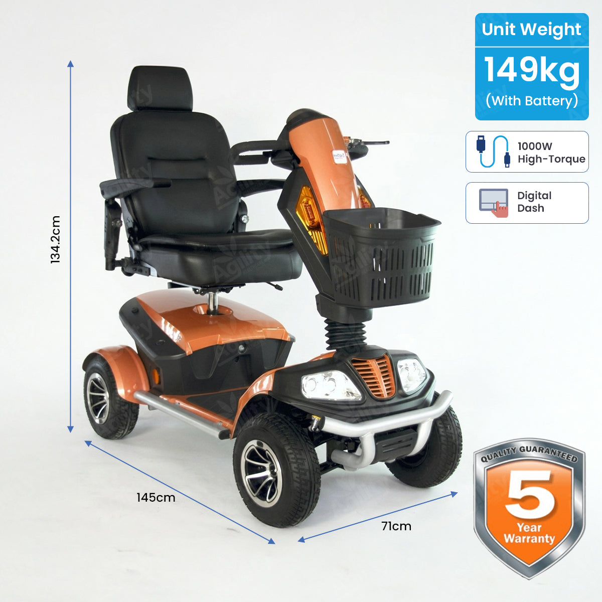 Orange Everest mobility scooter with dimensions and specifications on a white background