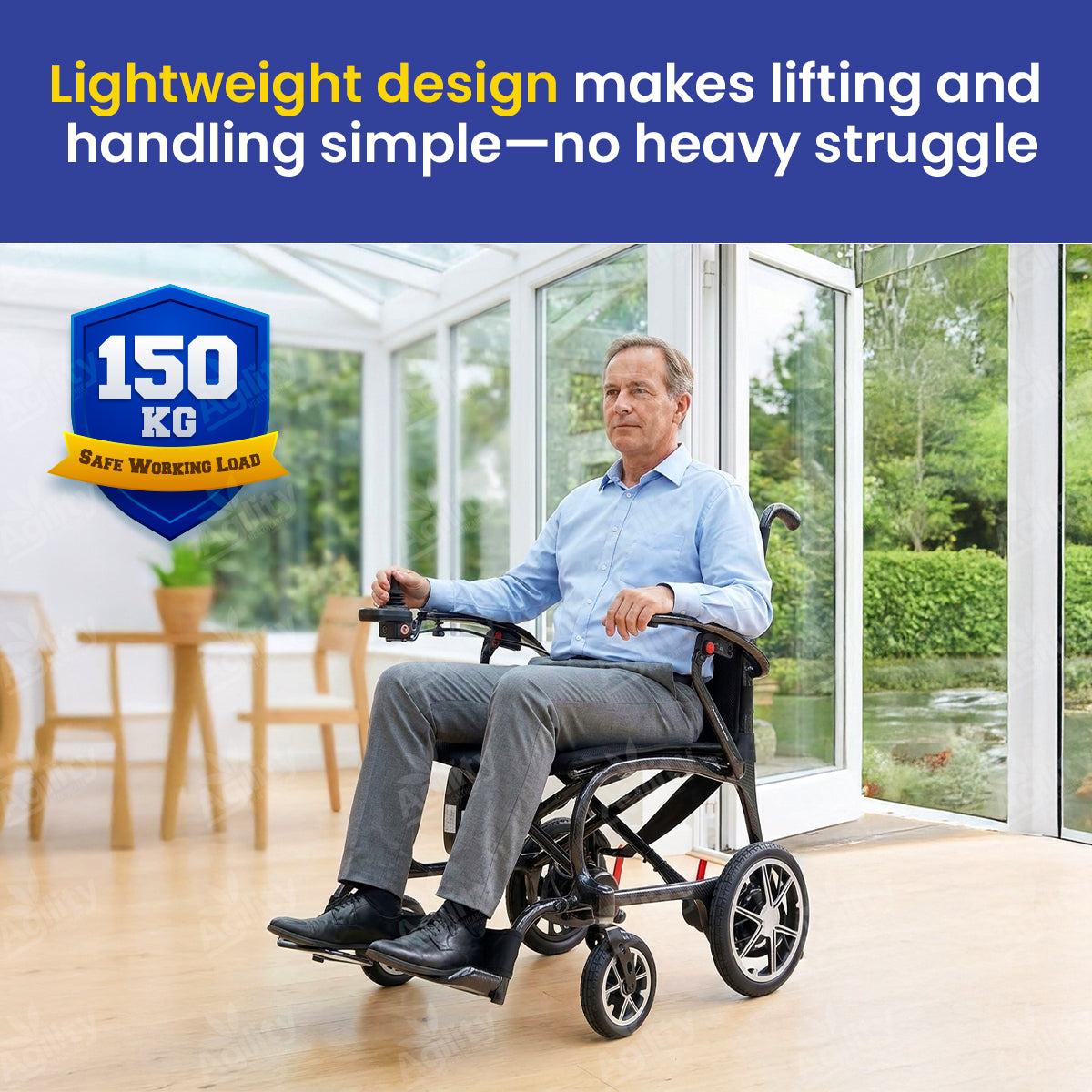Man using a lightweight electric wheelchair in a home setting with text highlighting its design with 150 kg swl