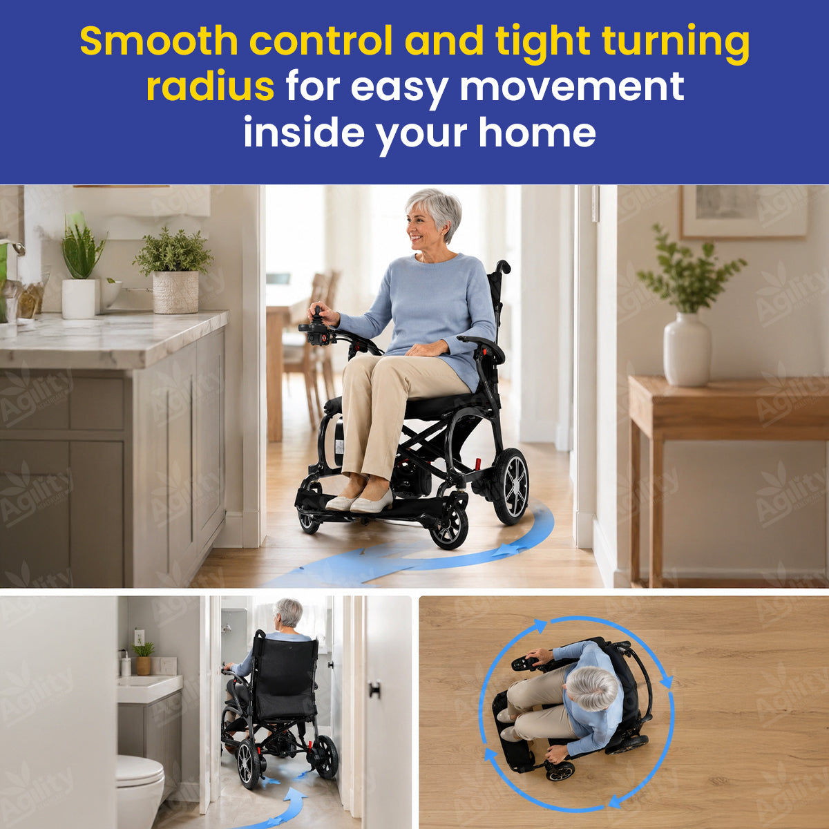 Woman using a power wheelchair with text about smooth control and tight turning radius in a home setting.