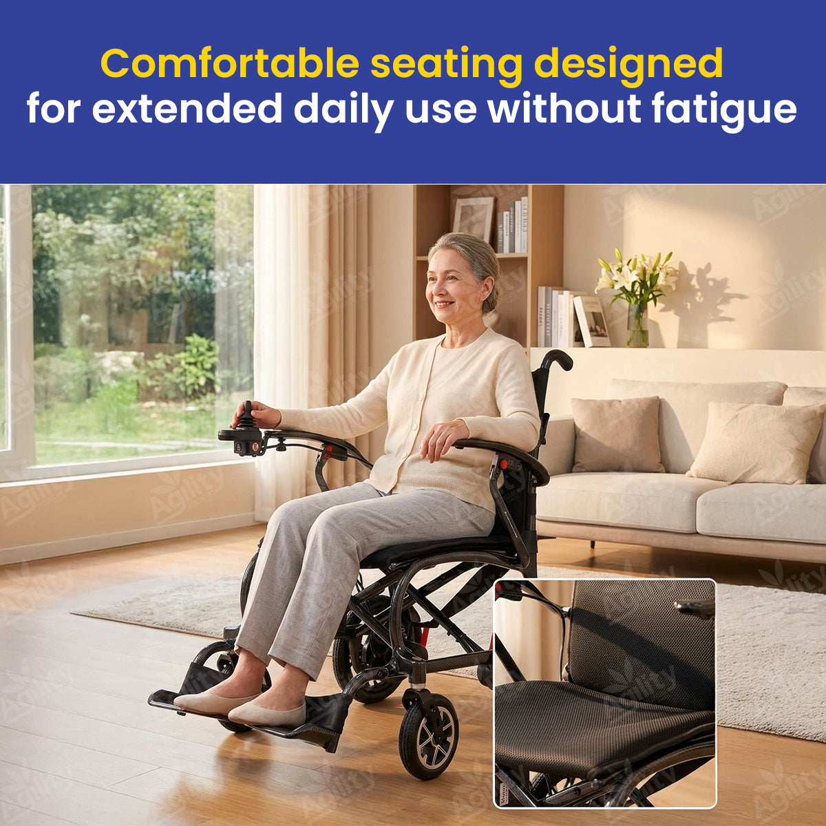 Woman using a wheelchair in a home setting with text about comfortable seating