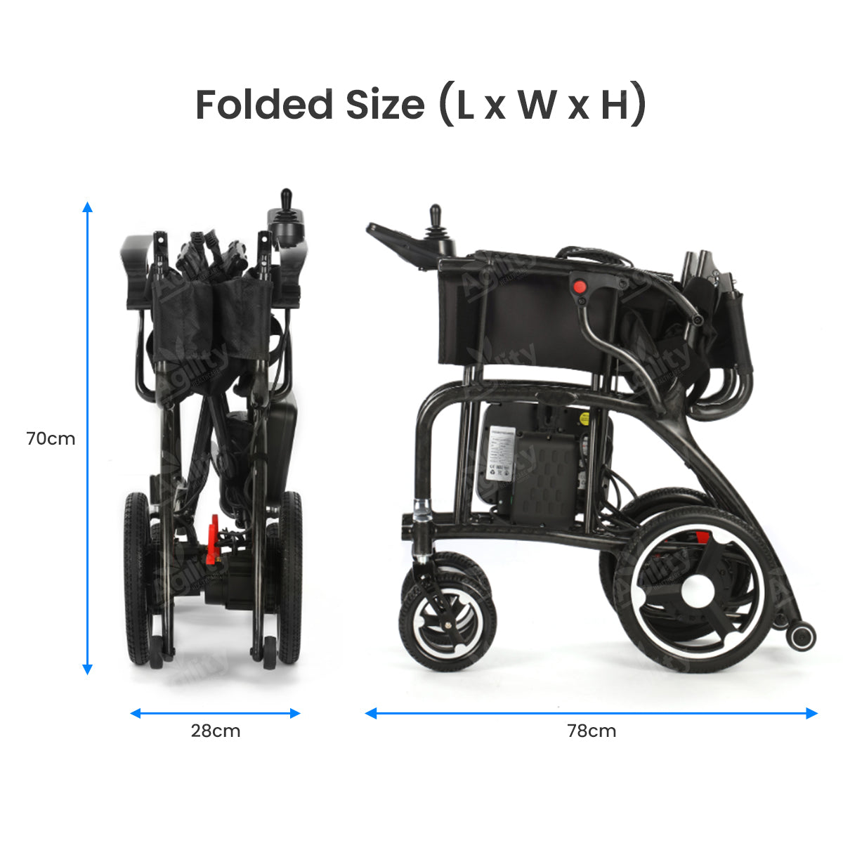 Folded electric wheelchair with dimensions labeled on a white background