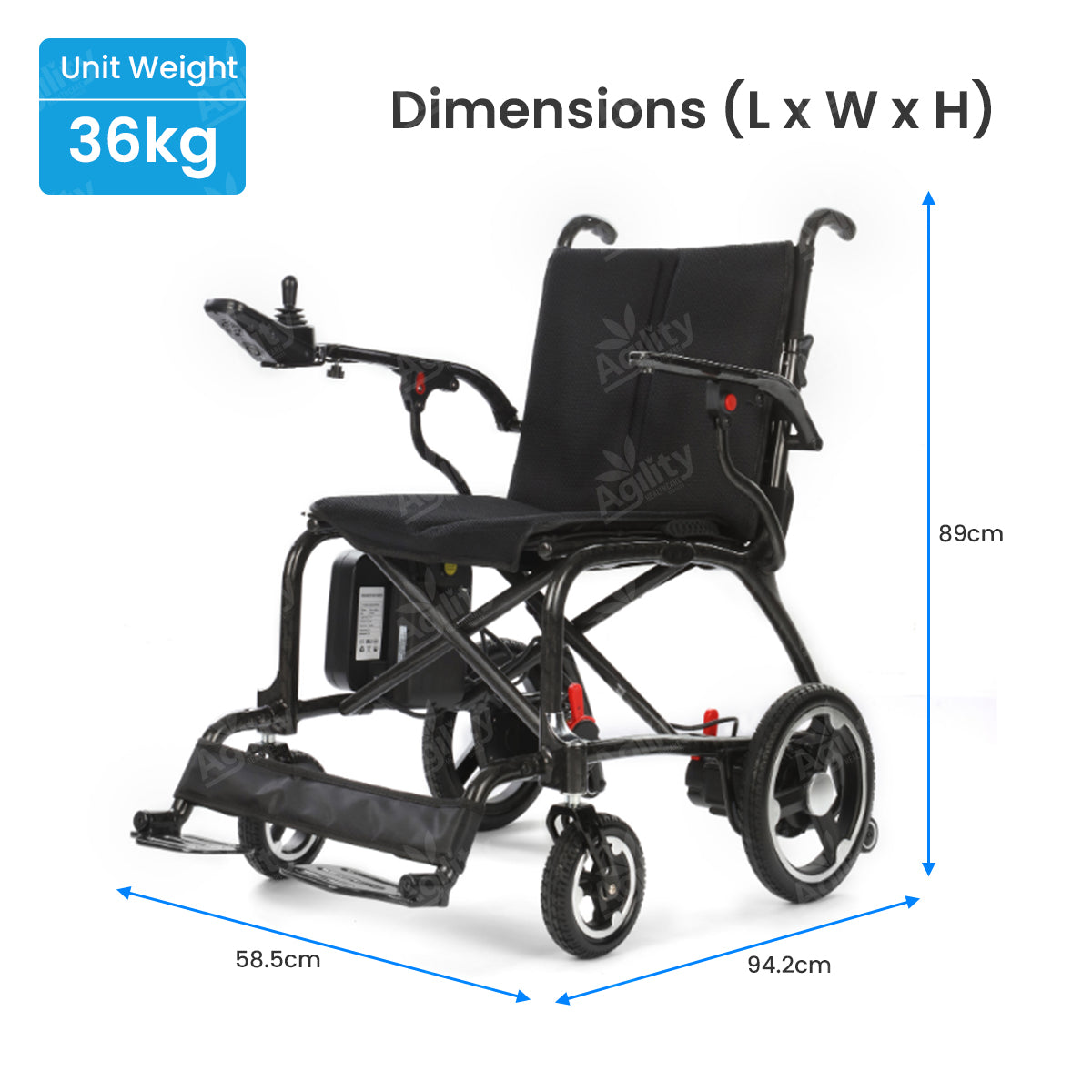 Black electric wheelchair with dimensions labeled on a white background